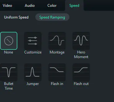 preset of speed ramping on filmora