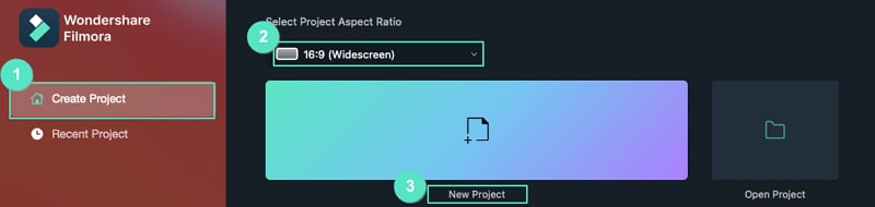  Create a new project on Filmora for Mac