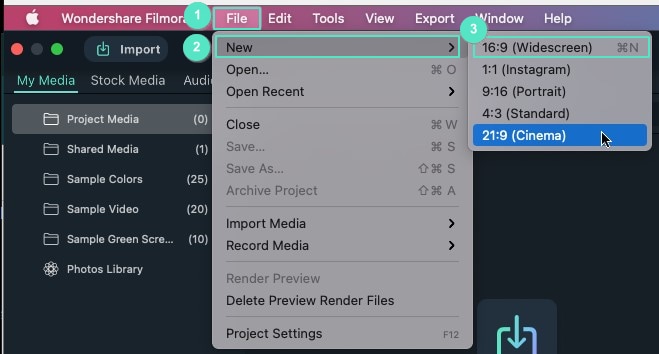  Создайте новый проект на Filmora для Mac - Способ 2