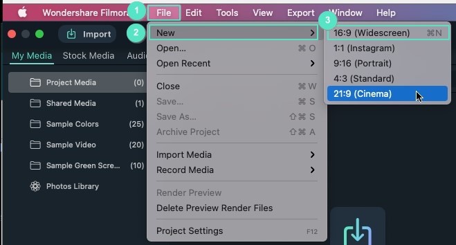  إنشاء مشروع جديد على Filmora لنظام التشغيل Mac - الطريقة 2