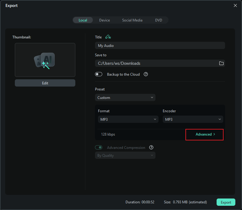enter the advanced audio export setting