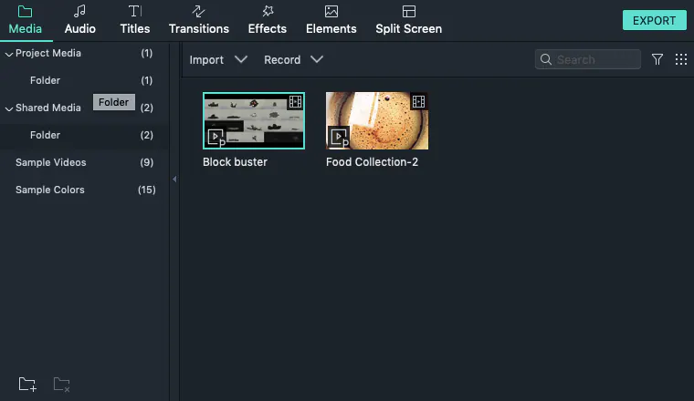 média partagés dans Filmora9 pour Mac