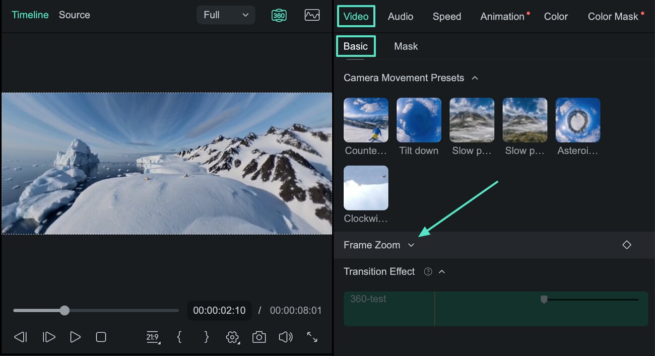 Access the Frame Zoom section