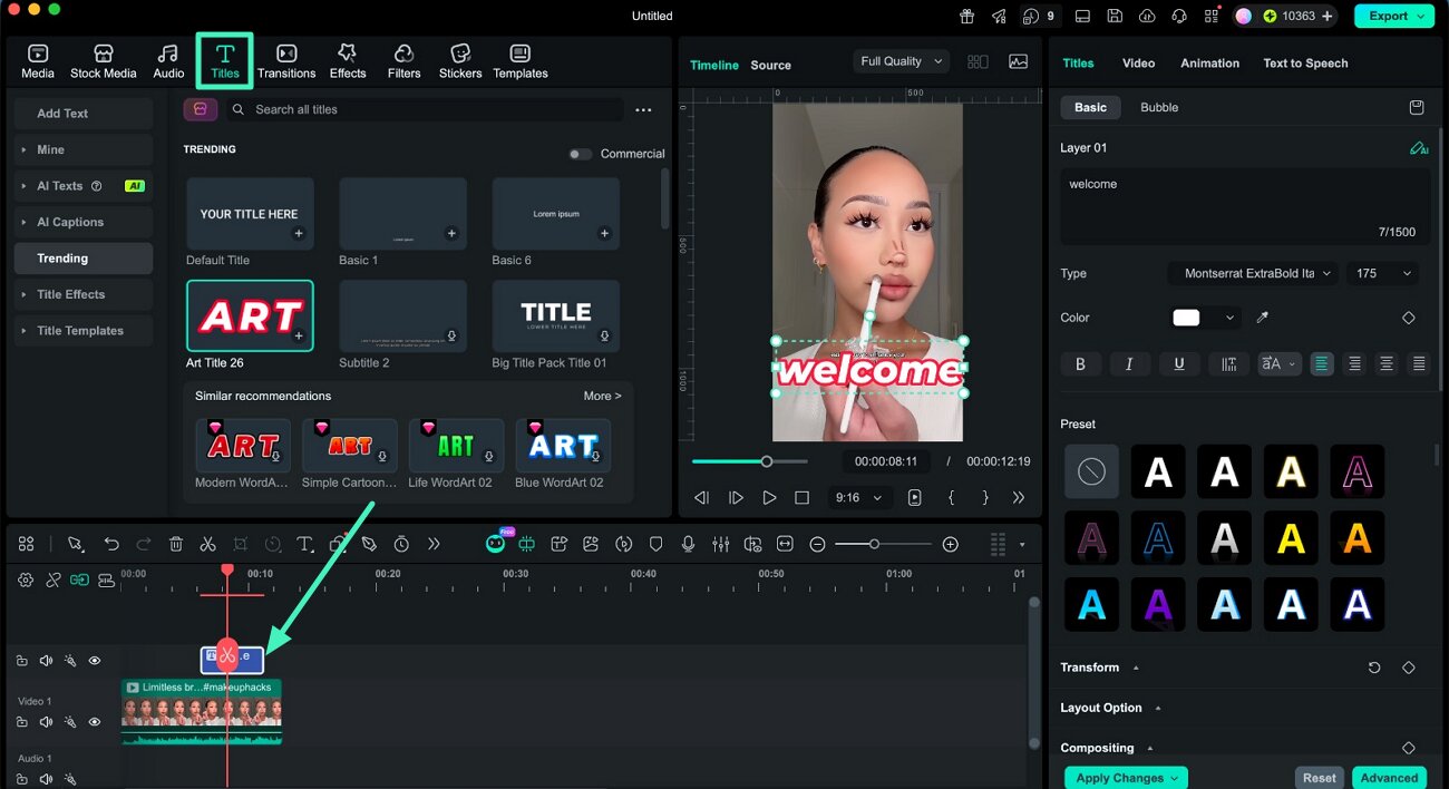 adjust text duration on timeline