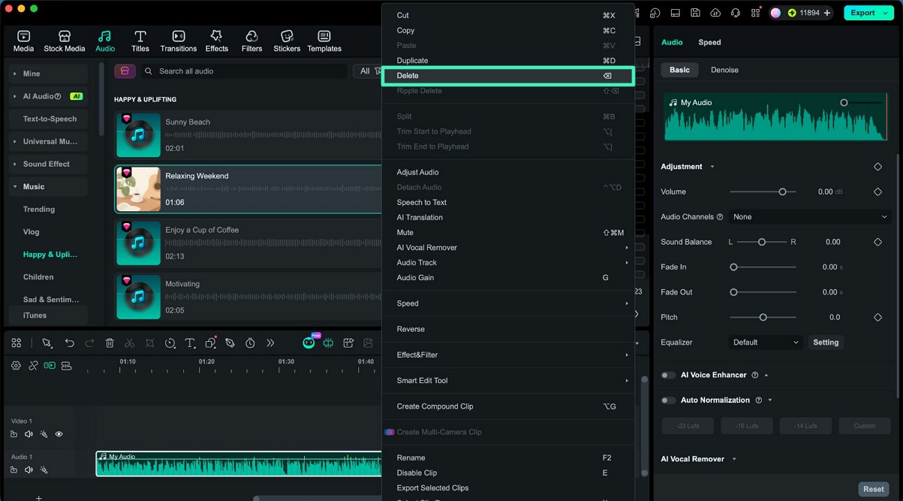 remove audio track from timeline