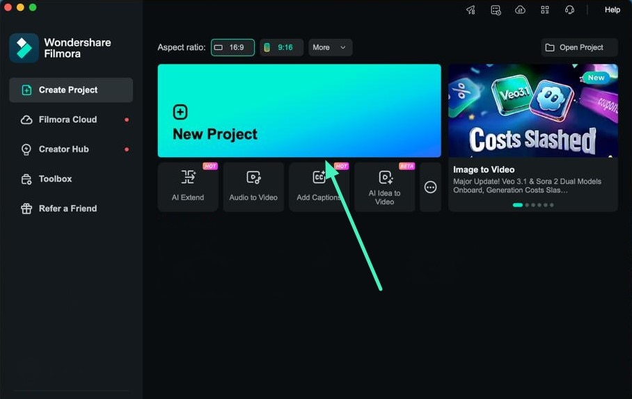 create new filmora project mac