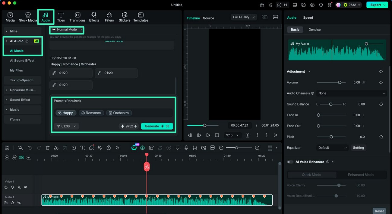access ai music normal mode in filmora