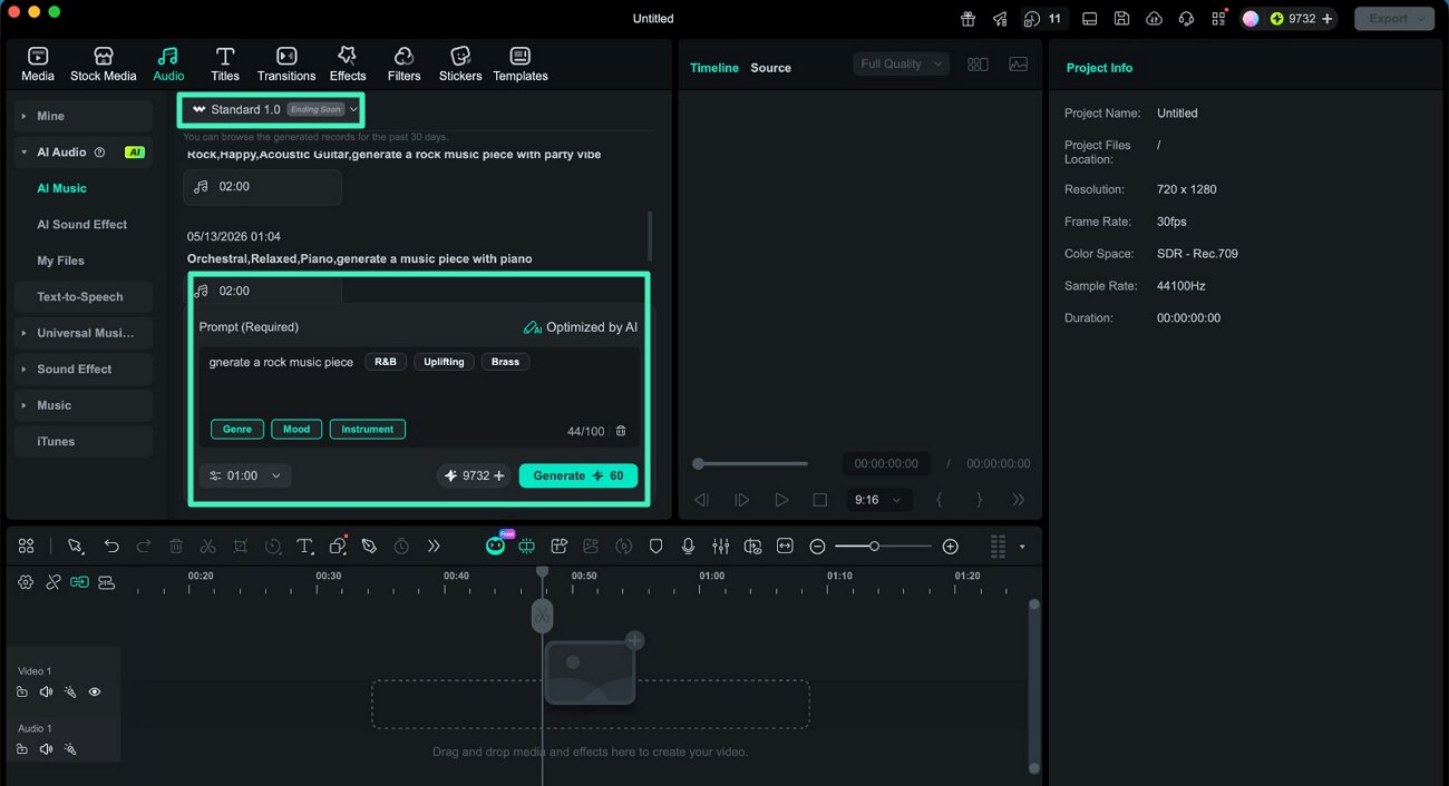 choose standard 1.0 mode generate music