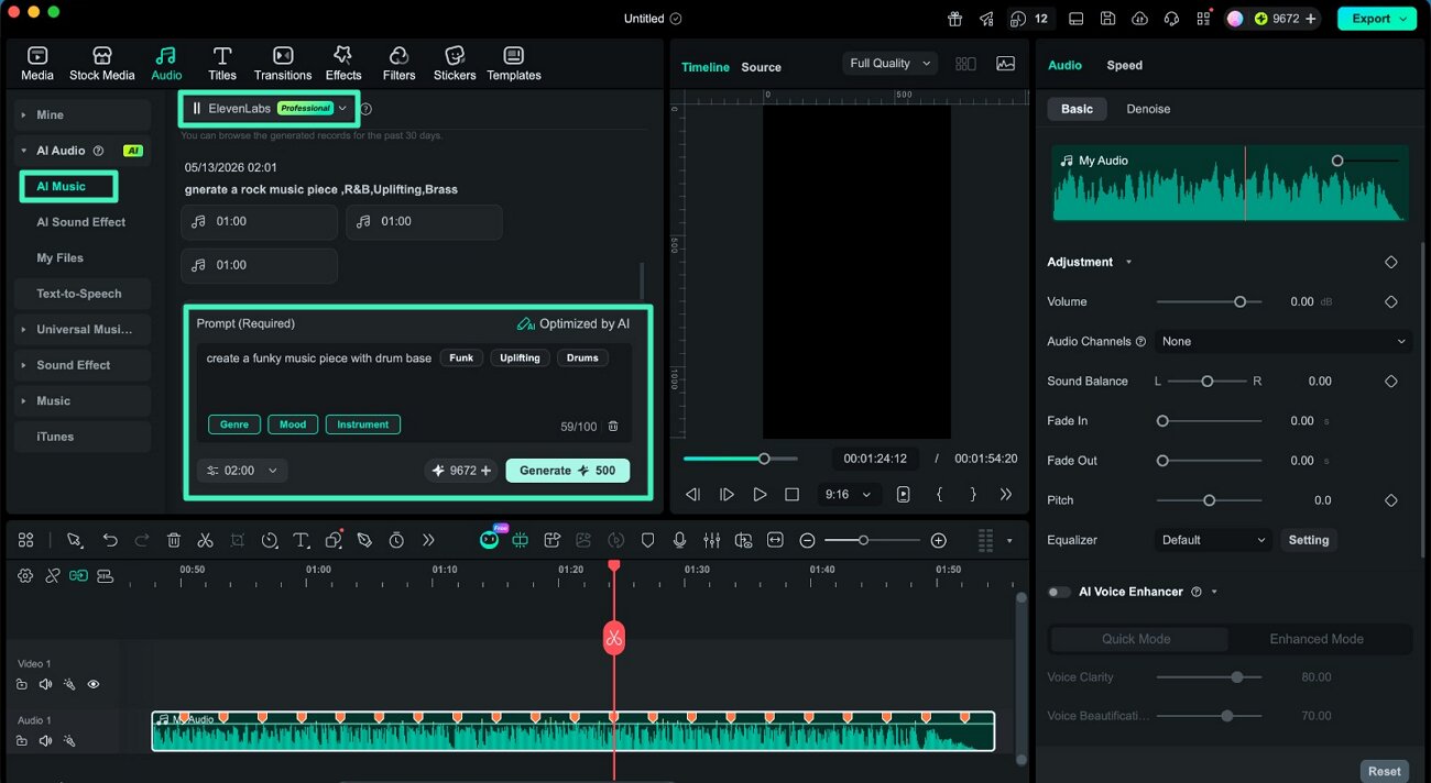select elevenlabs mode input music prompt