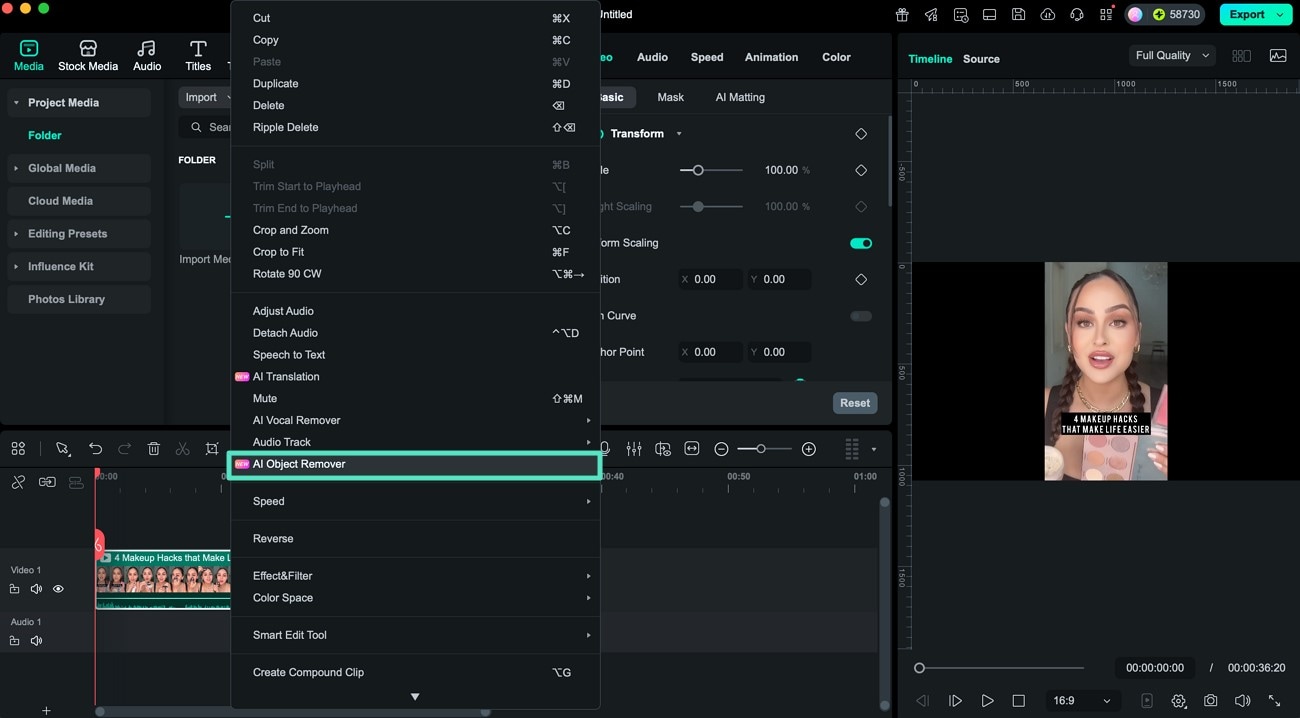 Select AI Object Remover feature
