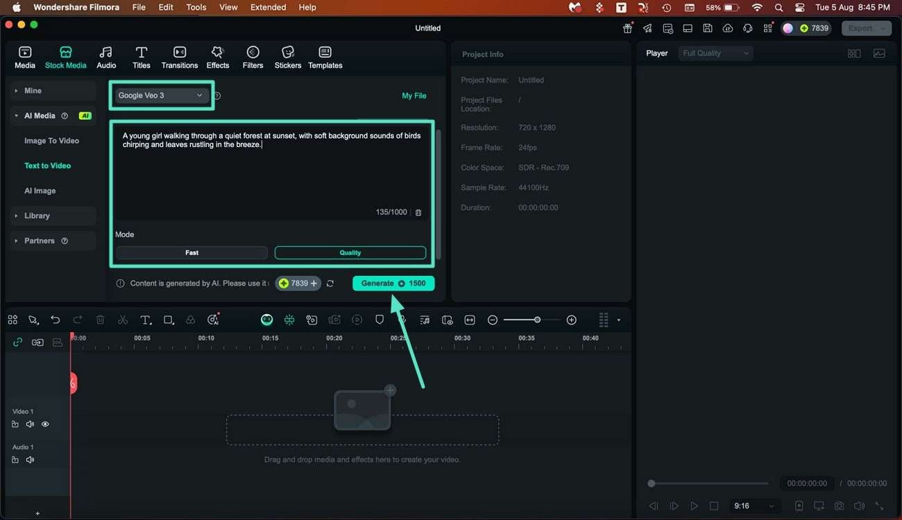 select google veo 3 and generate