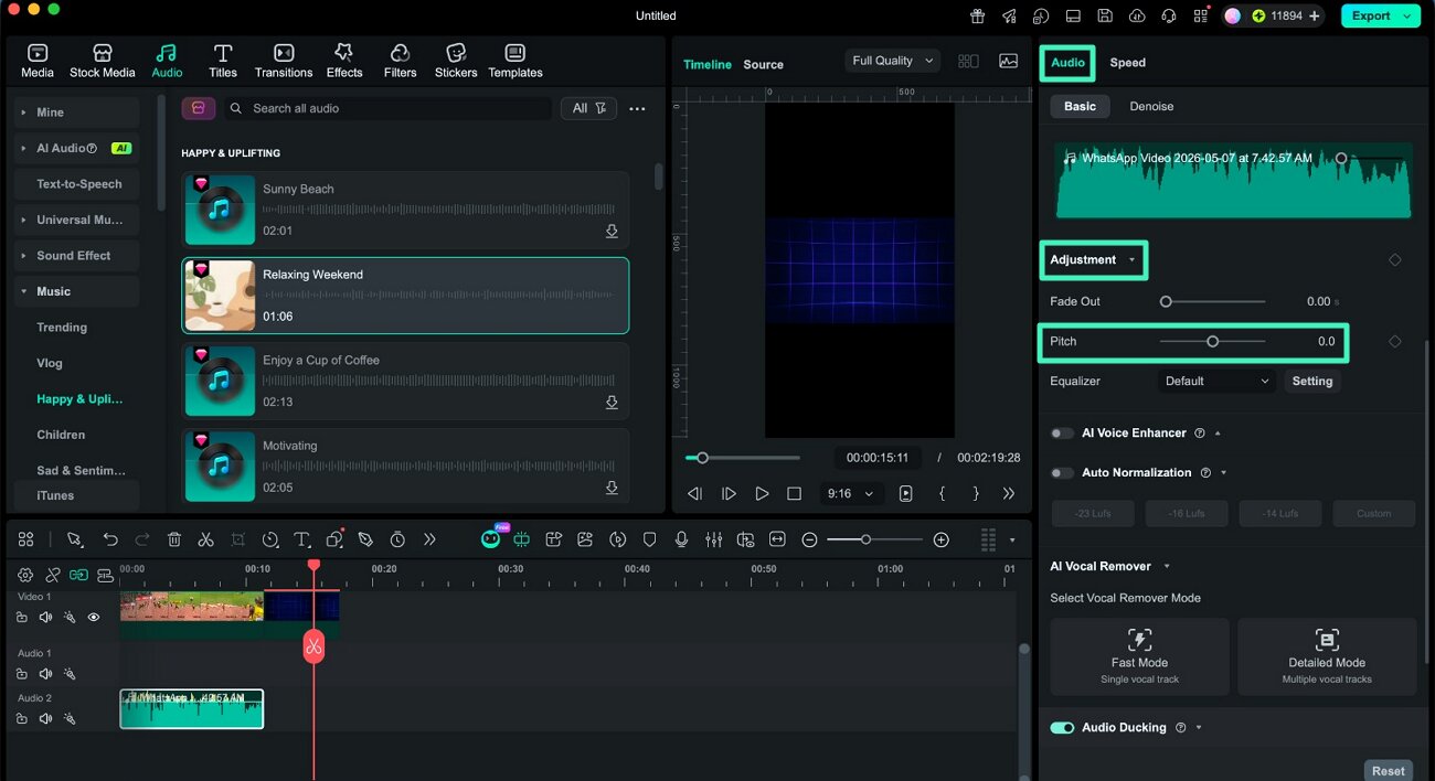 adjust pitch slider