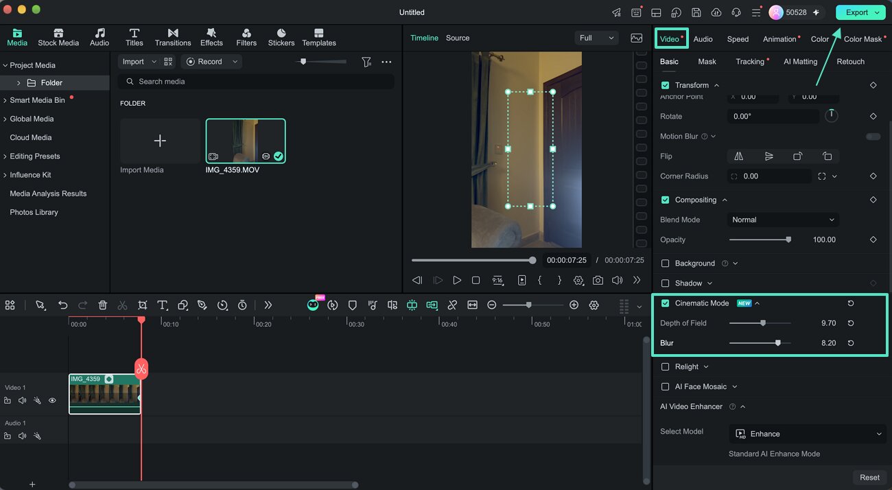 Apply Cinematic Mode changes in Filmora for Mac