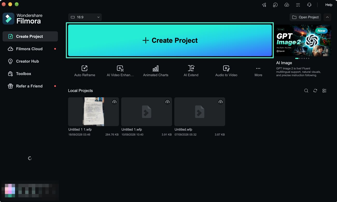 new project in filmora