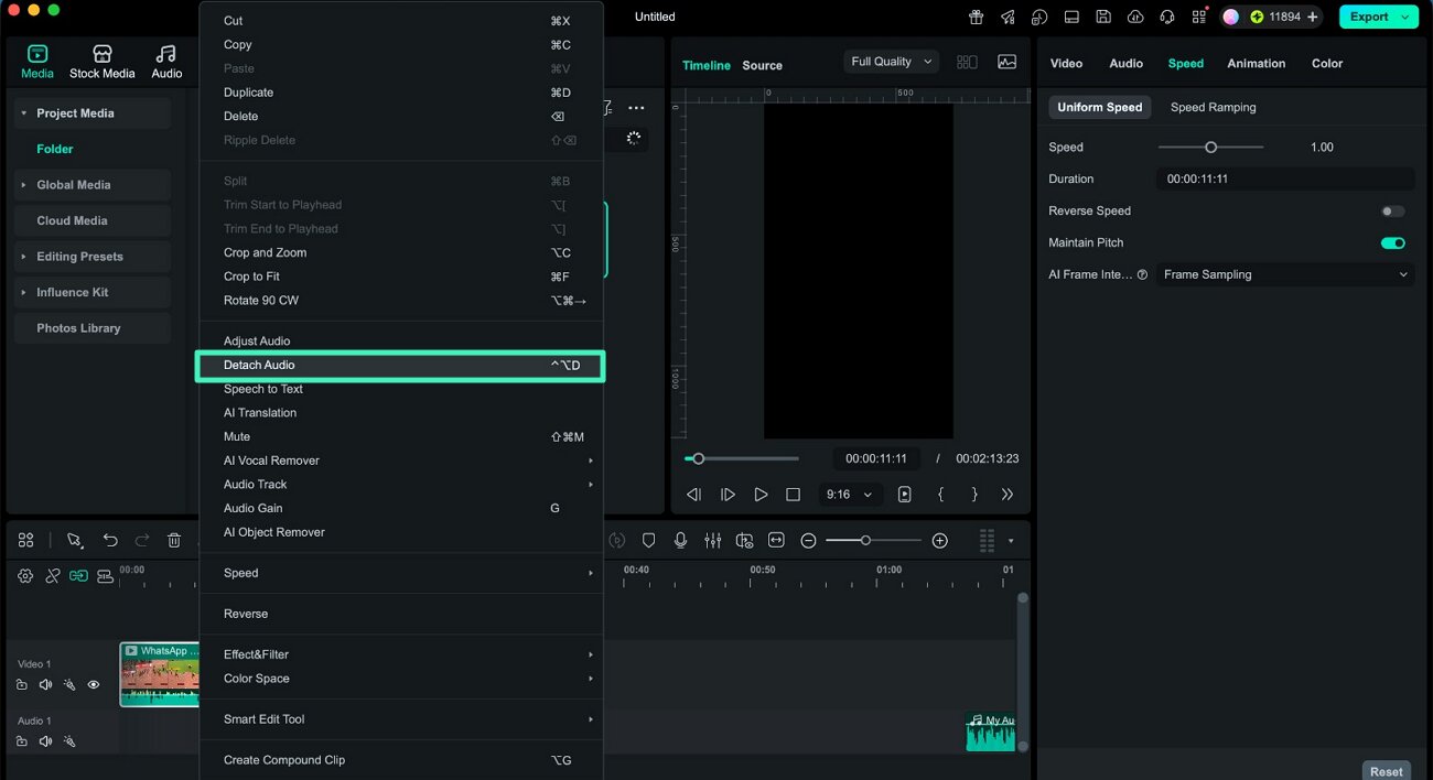 detach audio from video clip