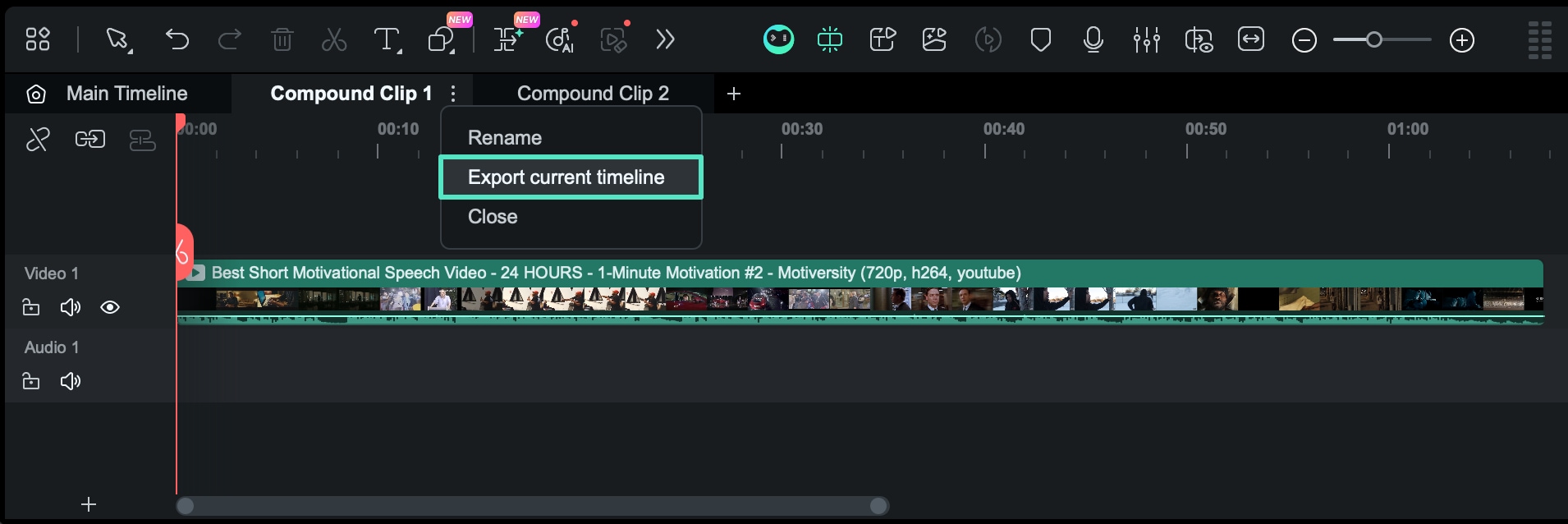 Exporting a current timeline from its tab