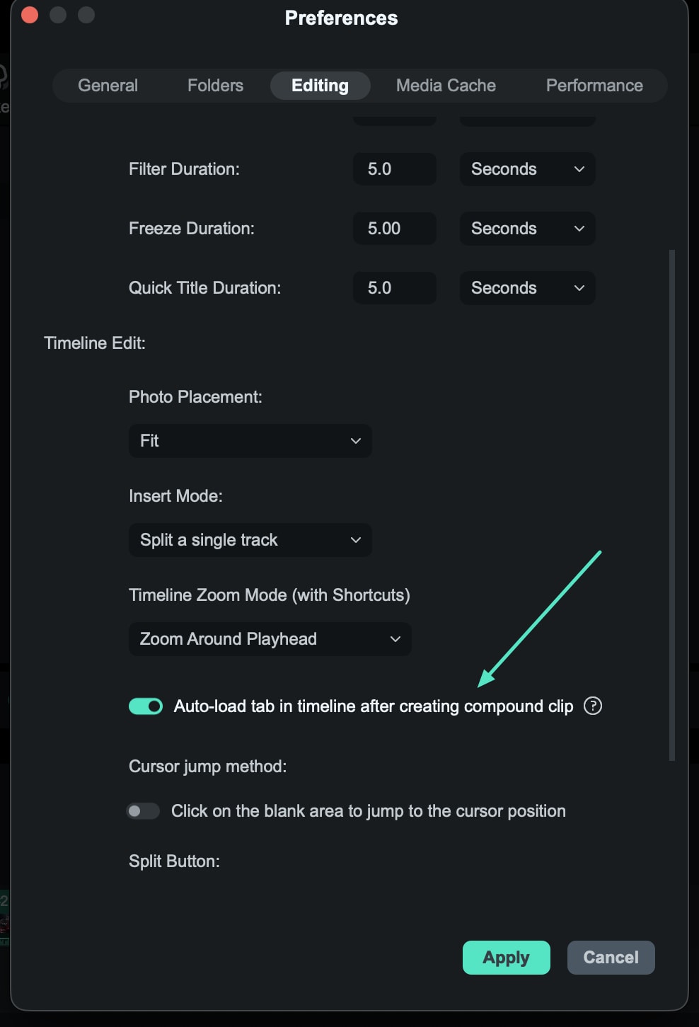 Timeline preferences for compound clips
