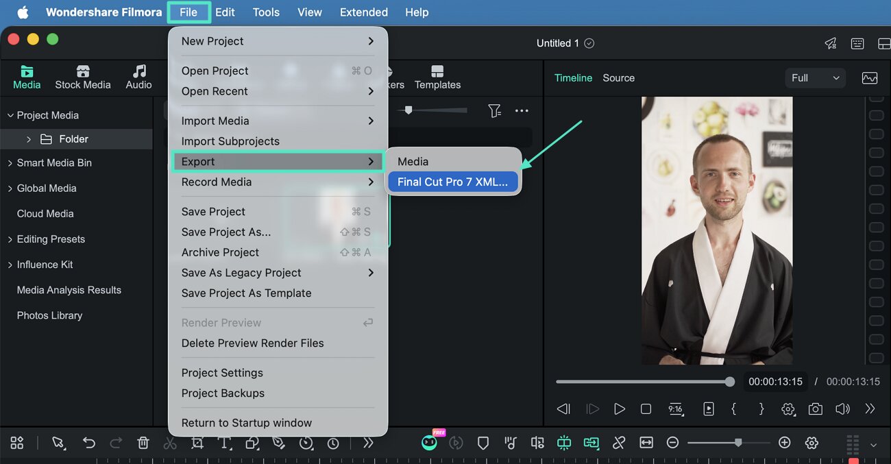 filmora xml export menu