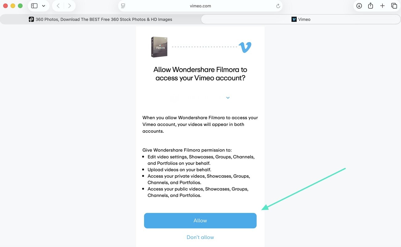 authorize vimeo account filmora