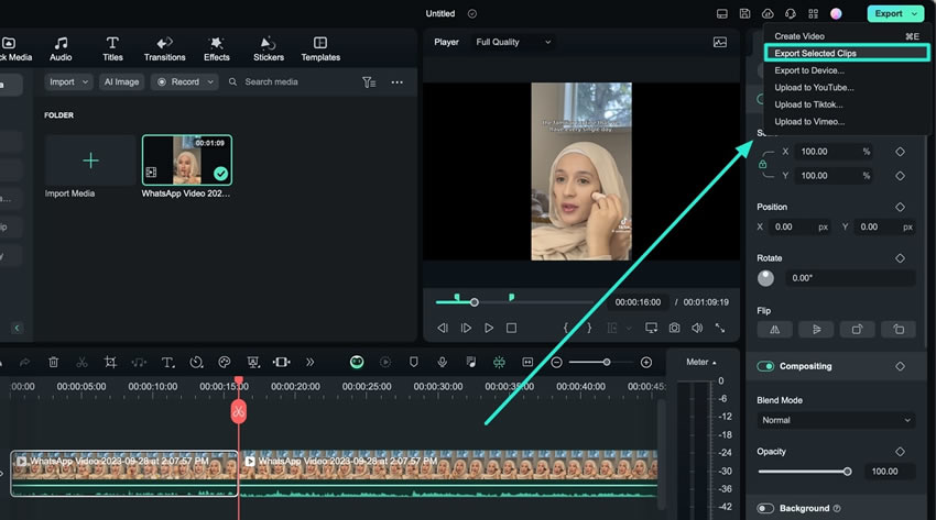 select clips and lead to export