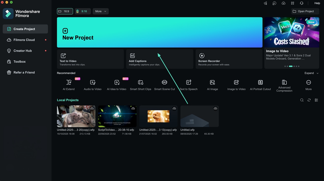 Mac版Filmoraで新しいプロジェクトを作成する画面