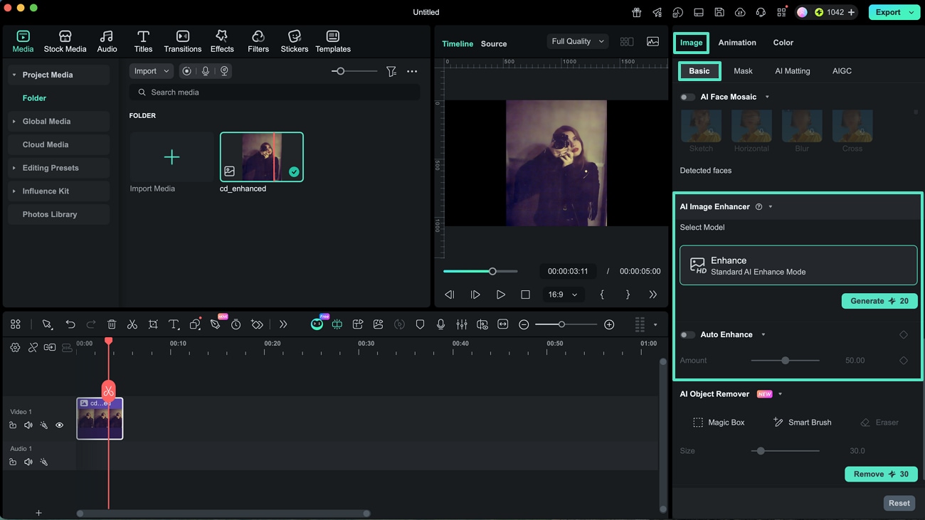 Mac版FilmoraでAI画像補正を設定する画面