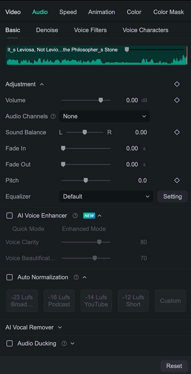 Audio properties in Filmora Mac