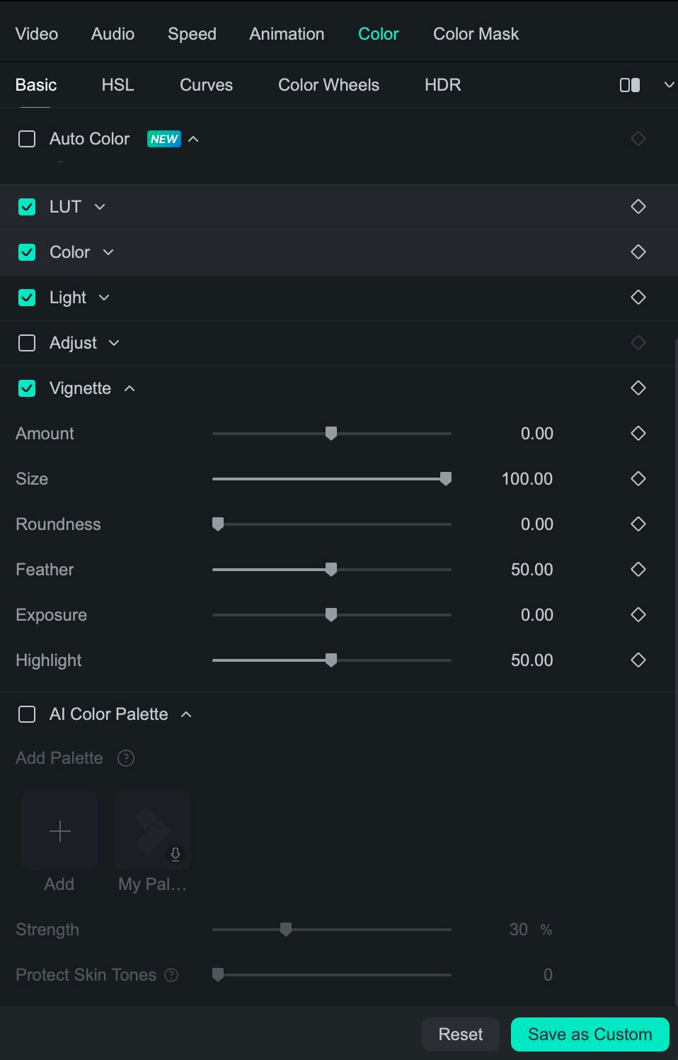 Color properties in Filmora Mac