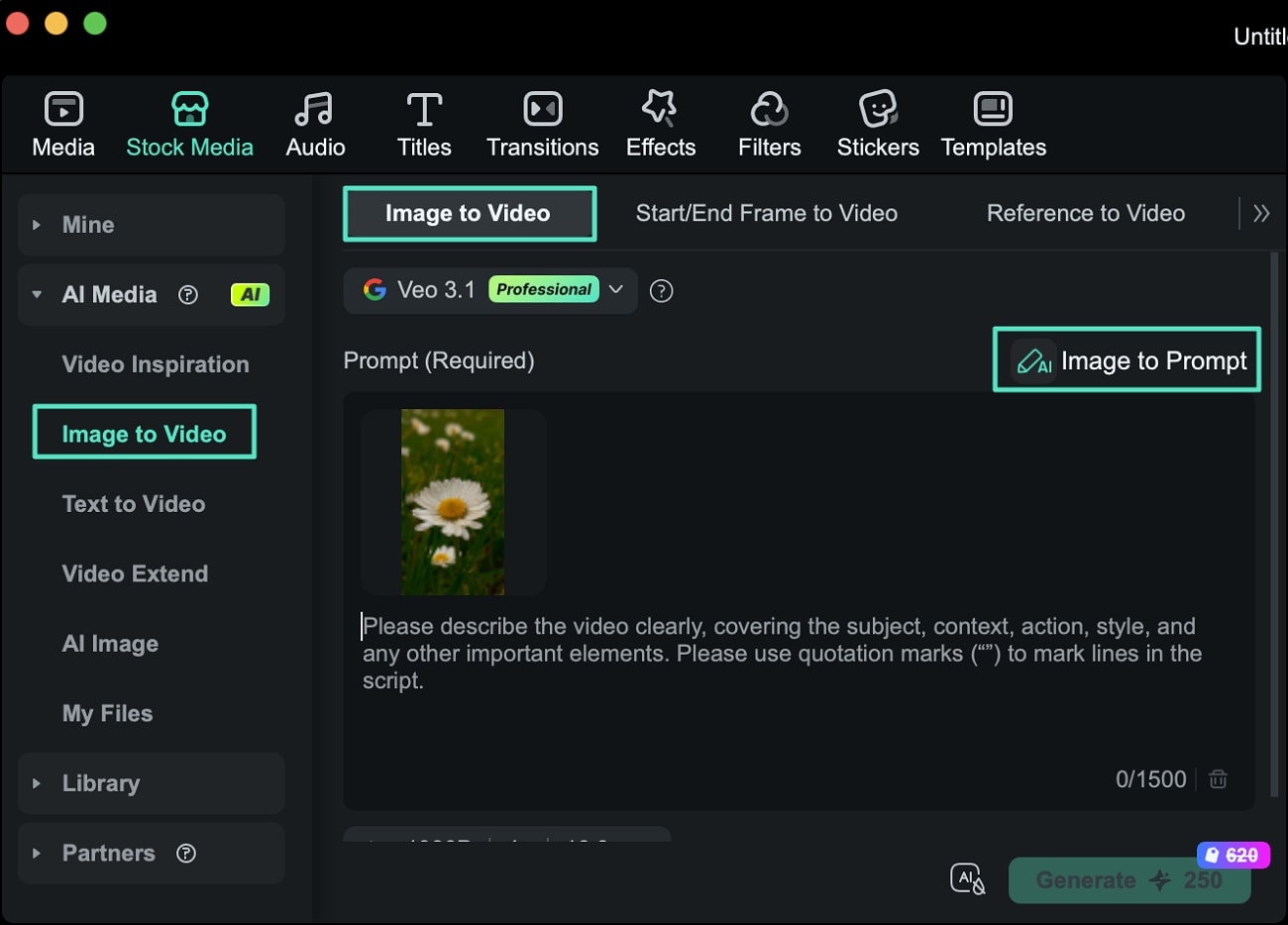 画像をアップロードして画像からプロンプト生成を選択する画面