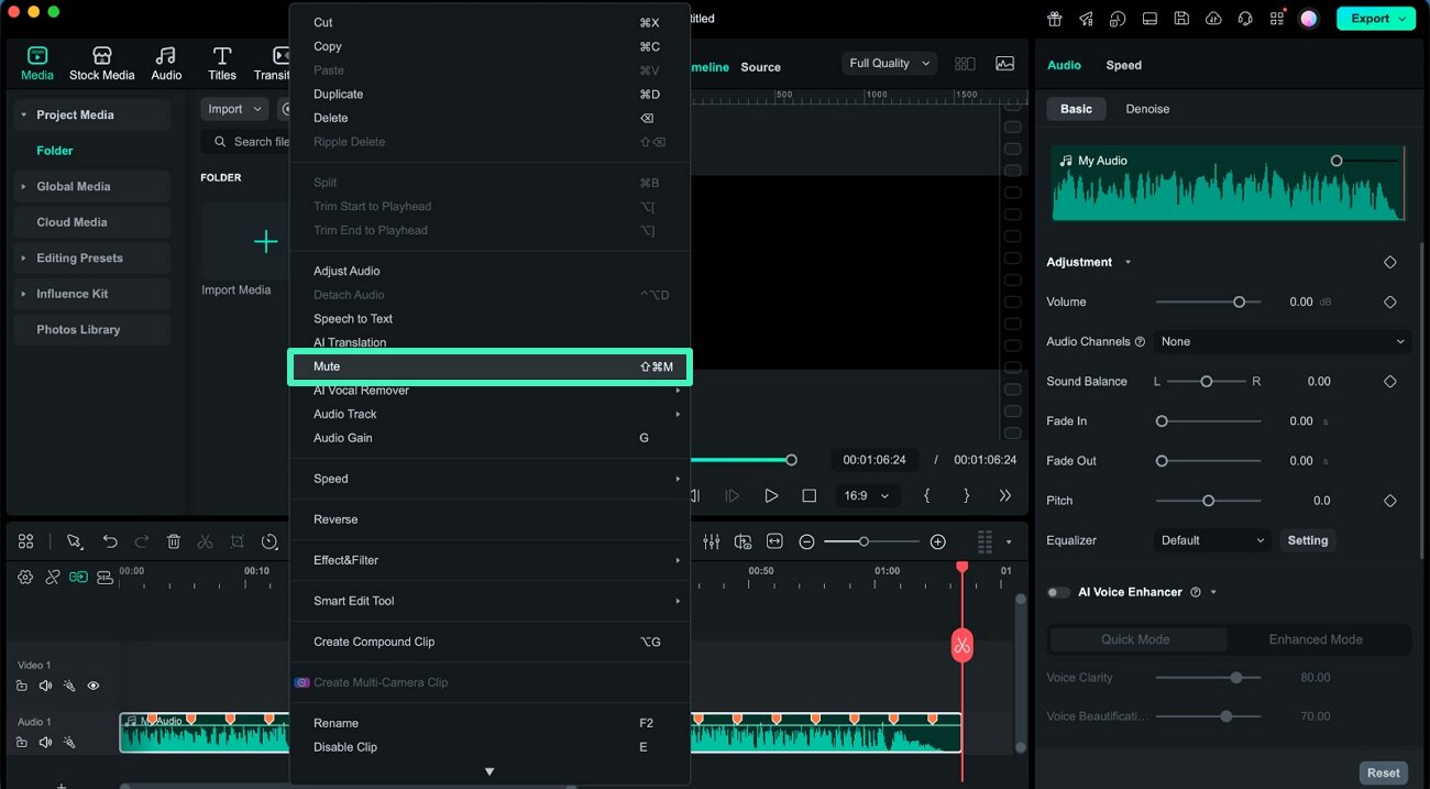 mute full audio clip mac