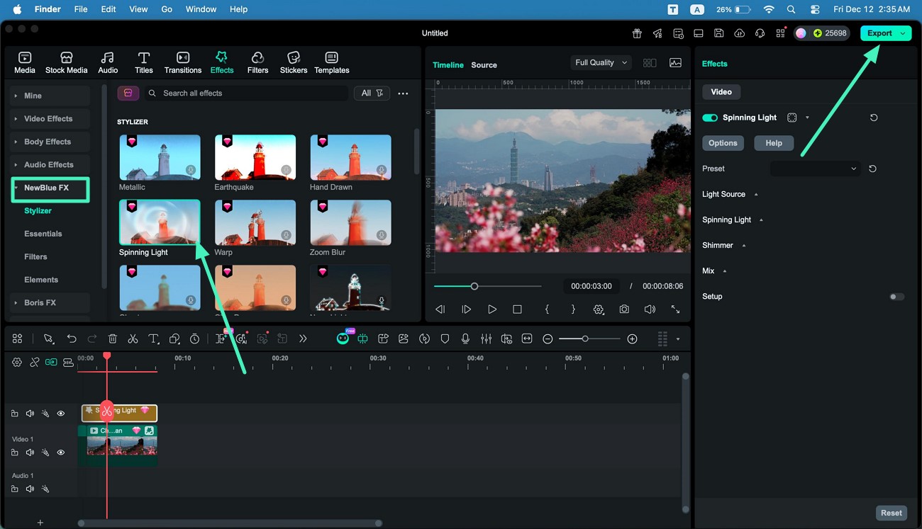 access newblue plugin effects and export