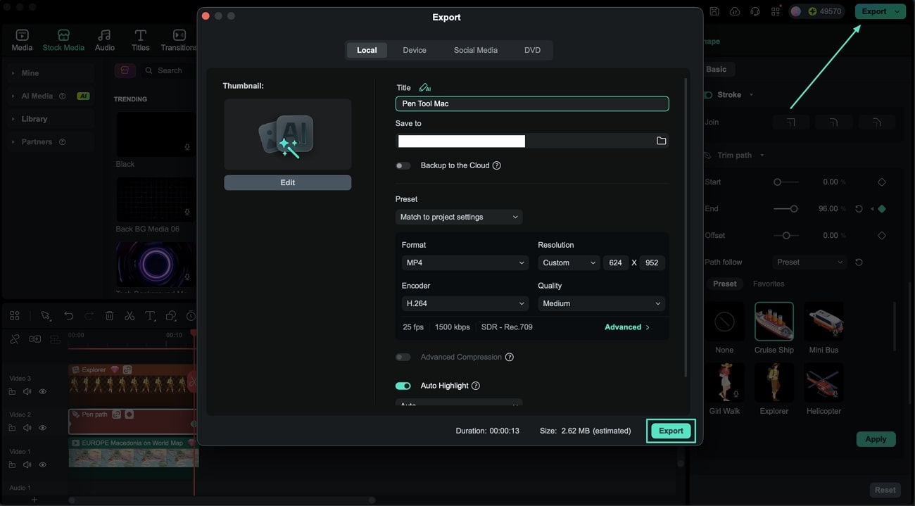 preview and export filmora mac