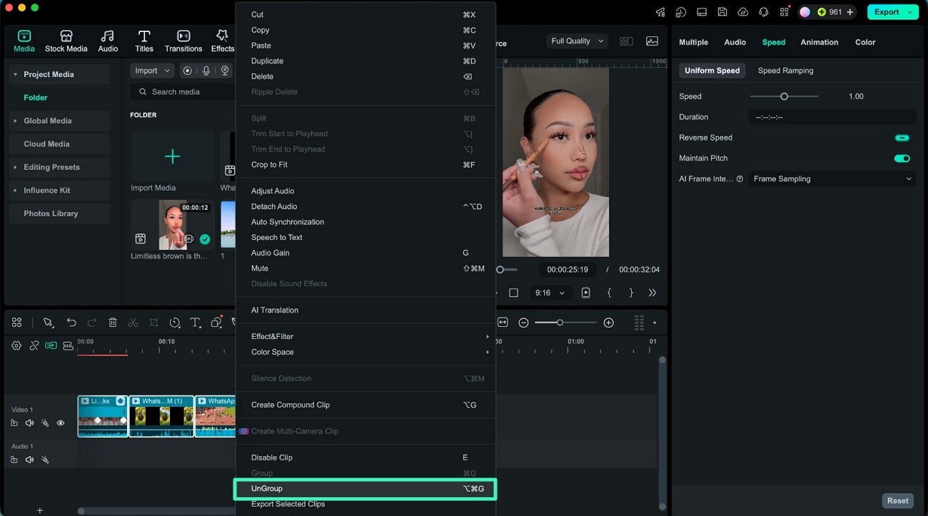ungroup clips filmora mac timeline