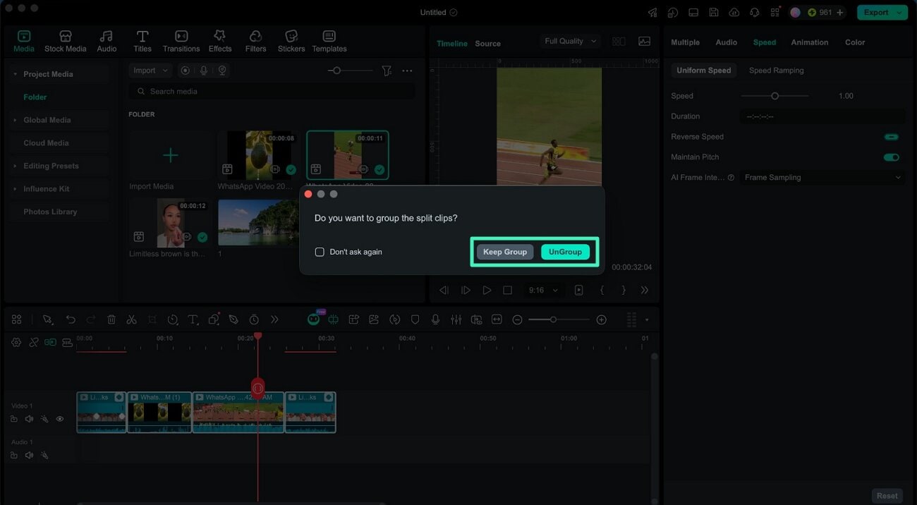 keep group or ungroup cut option filmora mac