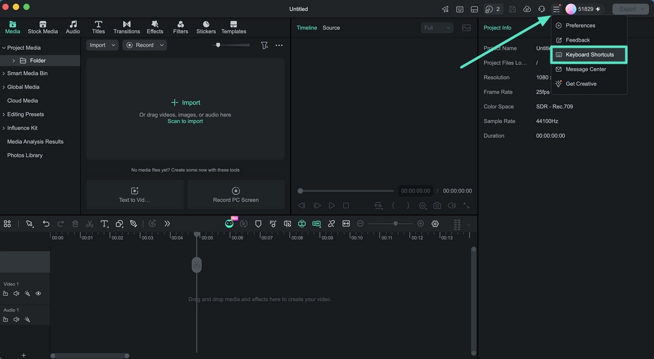 open filmora shortcut configuration