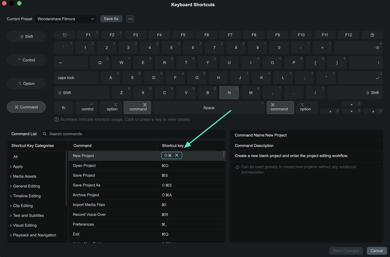 assign new shortcut combination