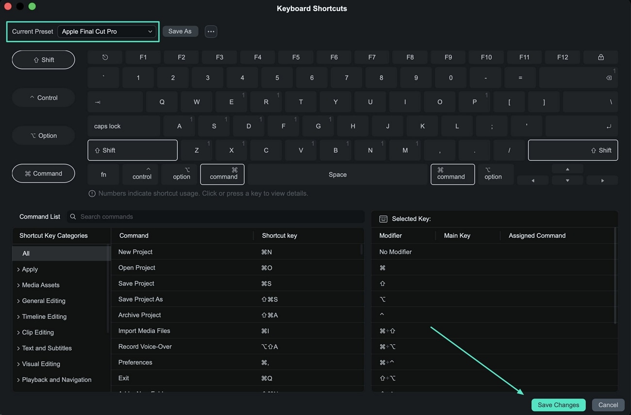 select filmora shortcut preset