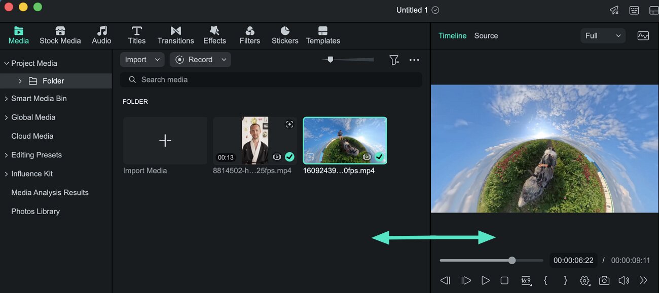 Resizing panels in Filmora for Mac