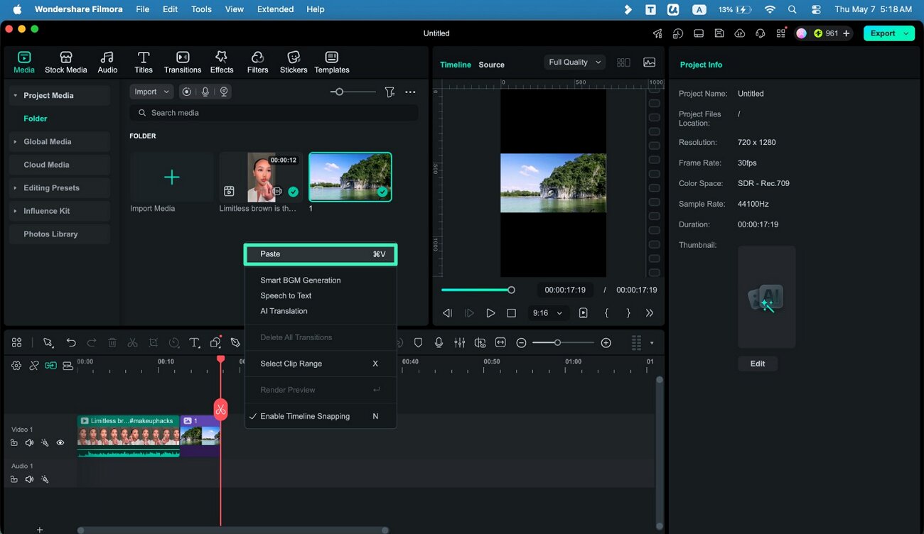 paste duplicated clip timeline