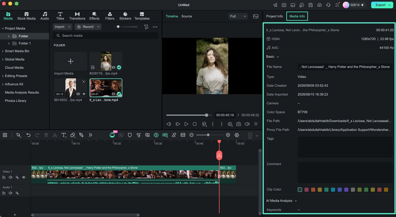 View media information in Filmora for Mac