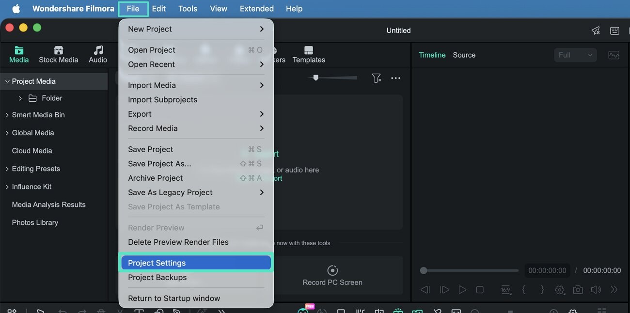 Open Project Settings in Filmora for Mac