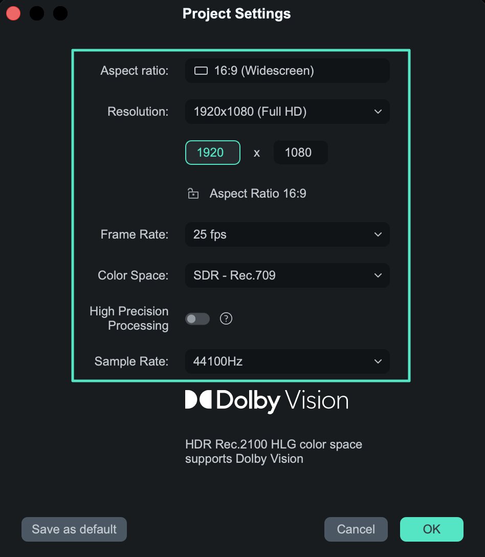 Change project settings in Filmora for Mac