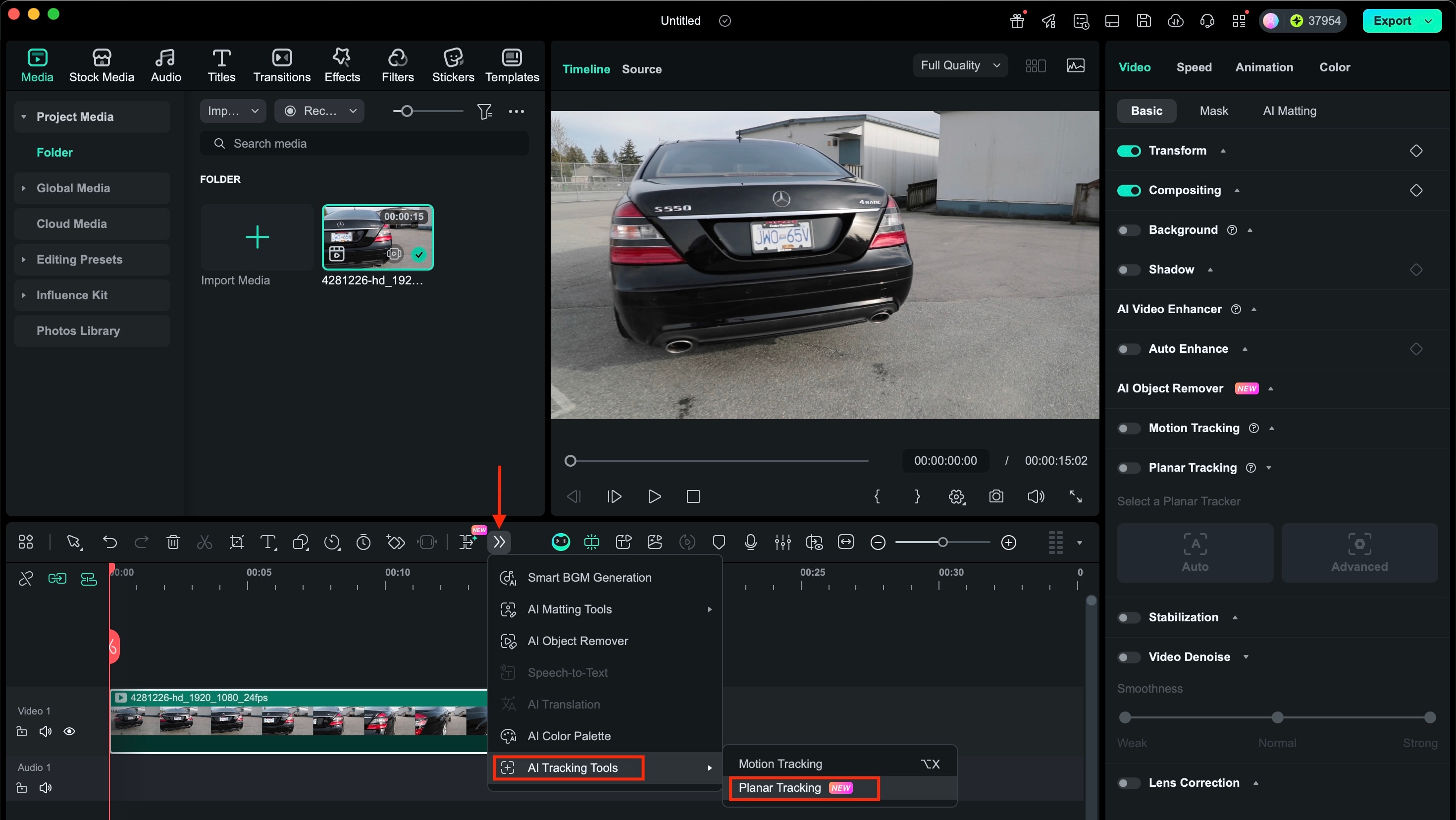 locate planar tracking from toolbar