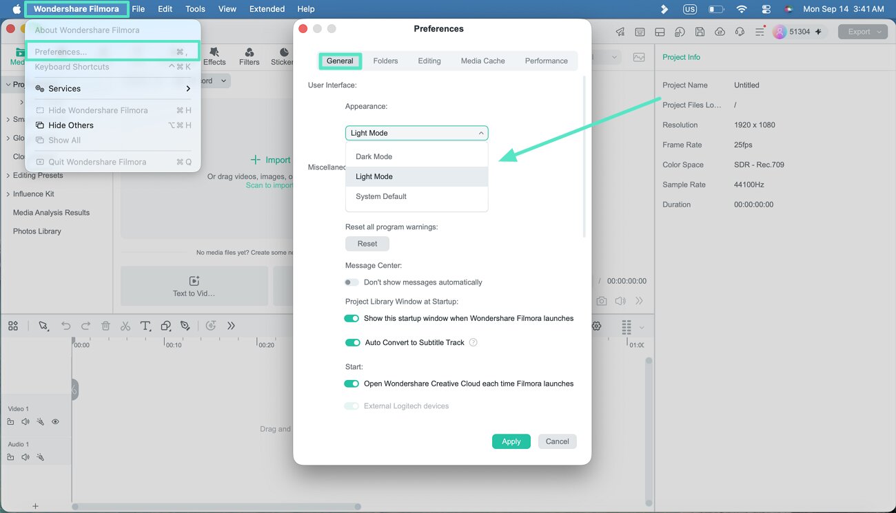 Preferences in Filmora for Mac