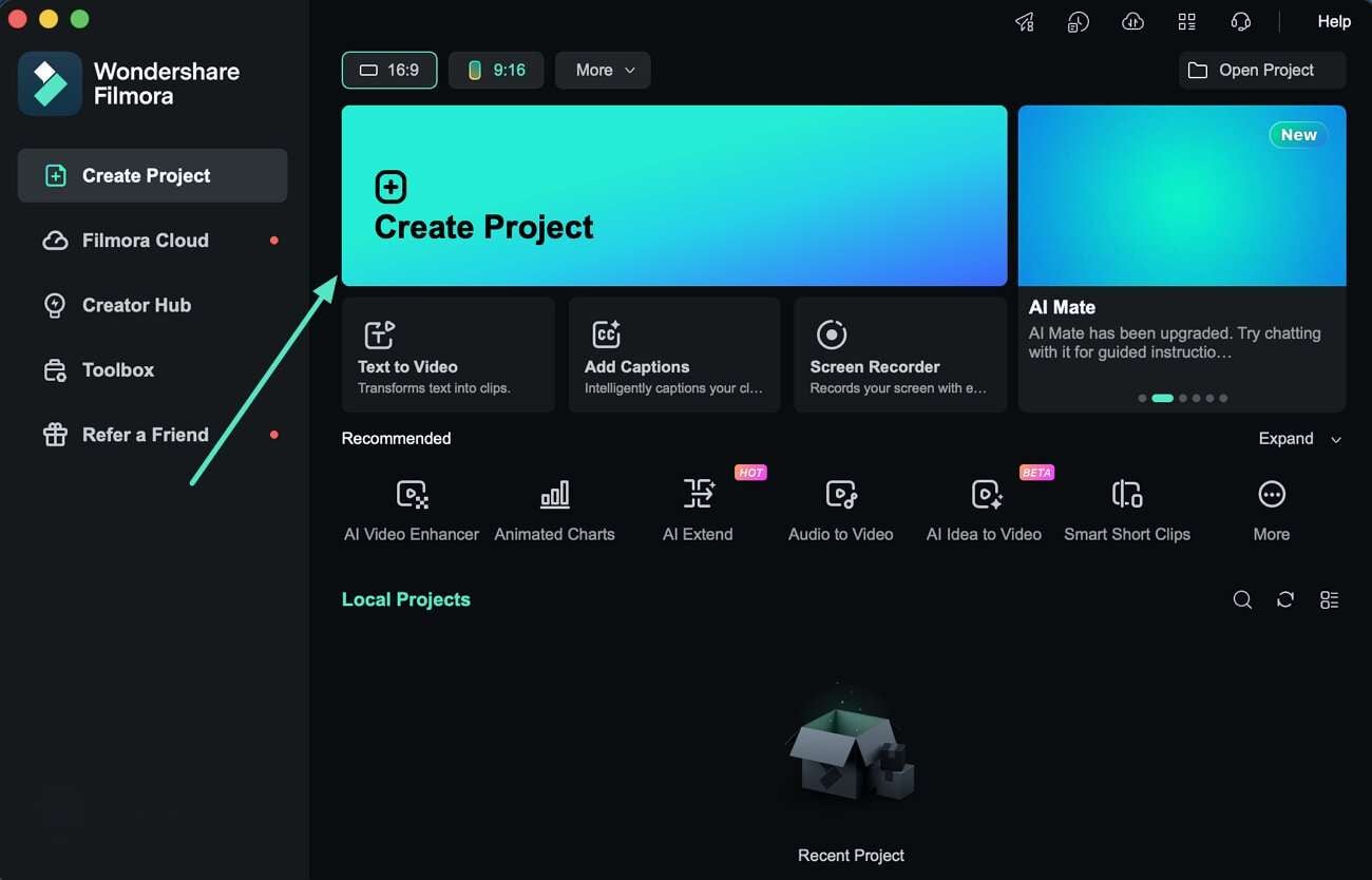 open new project on filmora mac