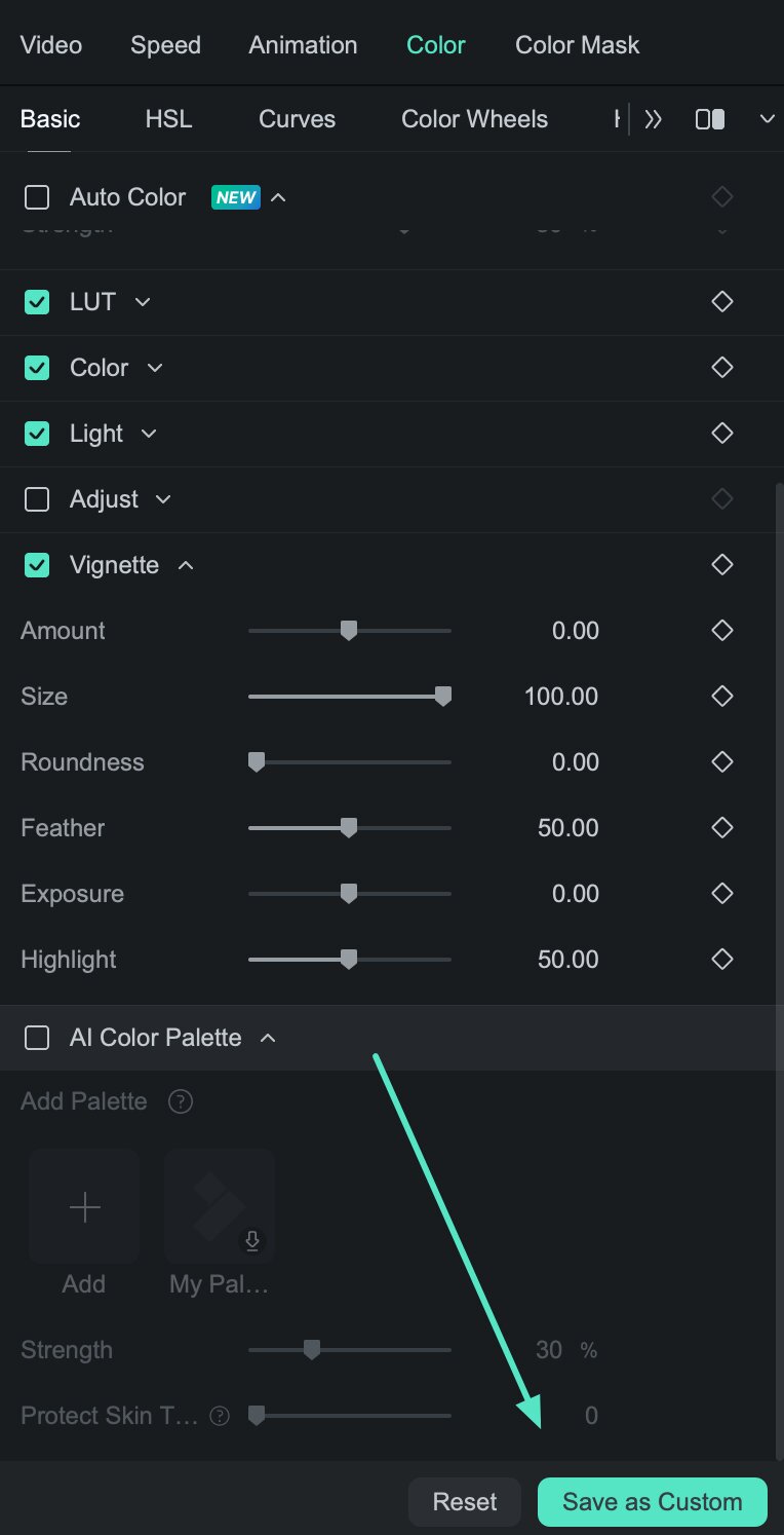 Save a preset or reset settings in Filmora for Mac