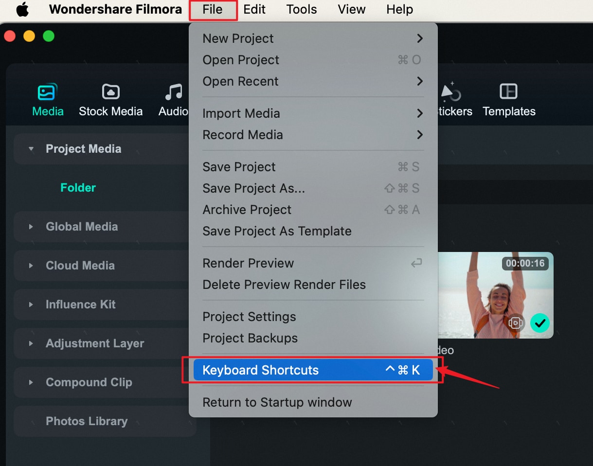 find the keyboard shortcuts in Filmora mac