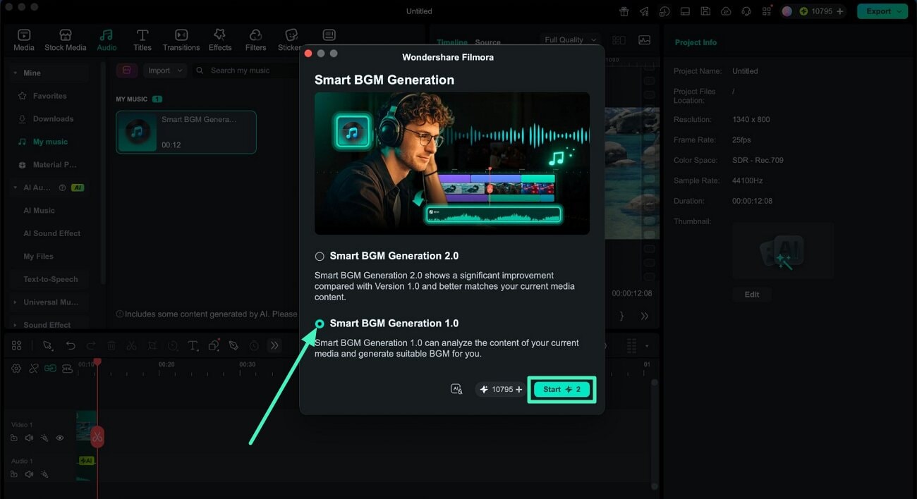 select smart bgm generation 1.0 in filmora