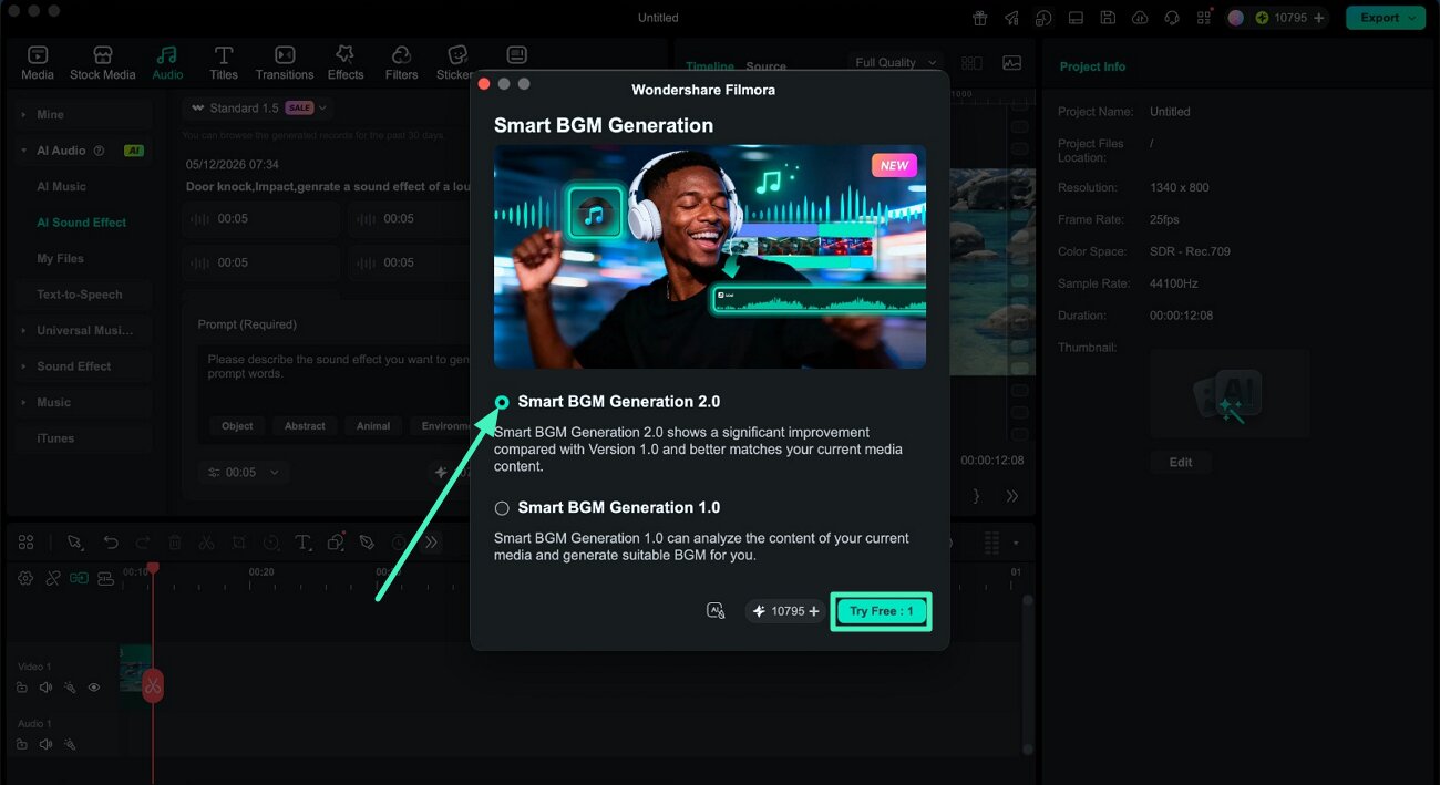 launch smart bgm generation 2.0 in filmora mac
