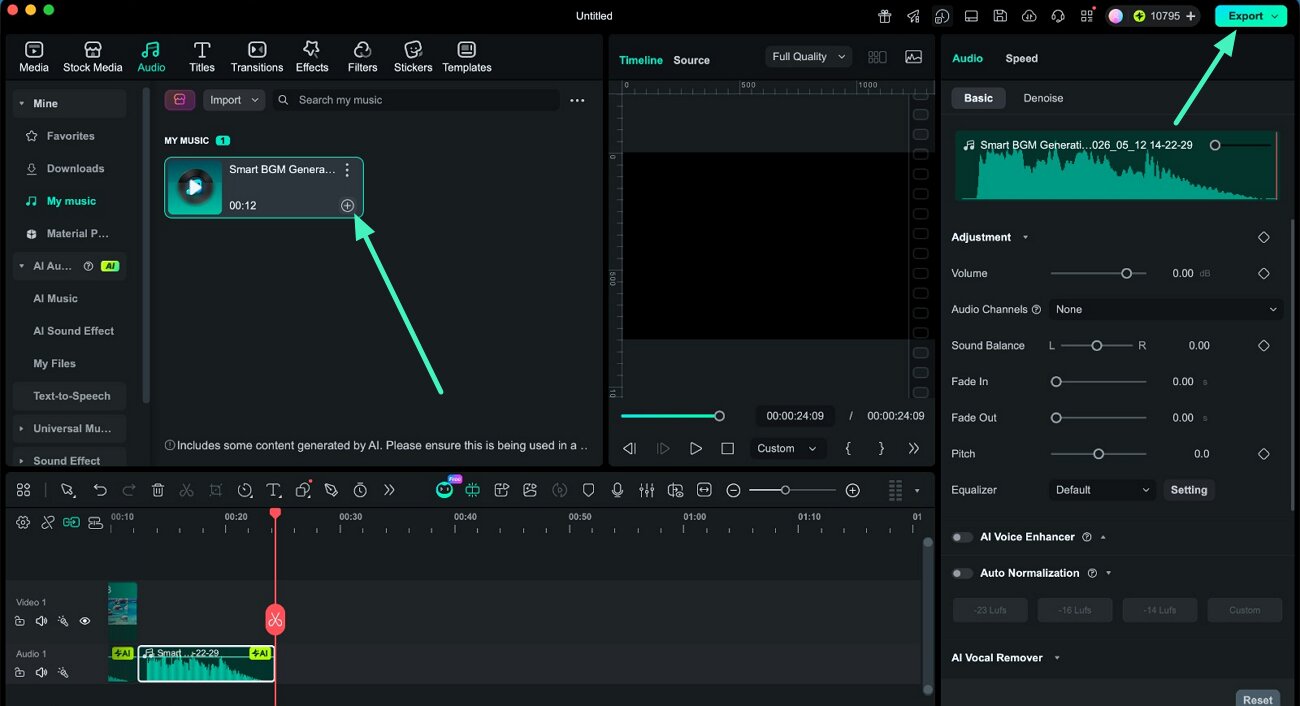 preview and save generated bgm in filmora mac